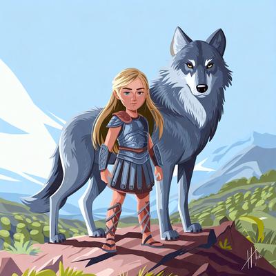 The primary subject of the image is a young girl standing on a rocky hillside, accompanied by a wolf. The setting is a mountainous landscape, with the girl and the wolf being the main focus of the scene. The visual style is a digital art illustration, with the girl and the wolf being depicted in a detailed and vibrant manner. The colors and mood of the image are predominantly earthy tones, giving the scene a sense of adventure and natural beauty.